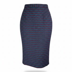 VINTAGE 80’s Wool Blend Midi Pencil Skirt Turquoise Fushia Black Weave Pattern 6